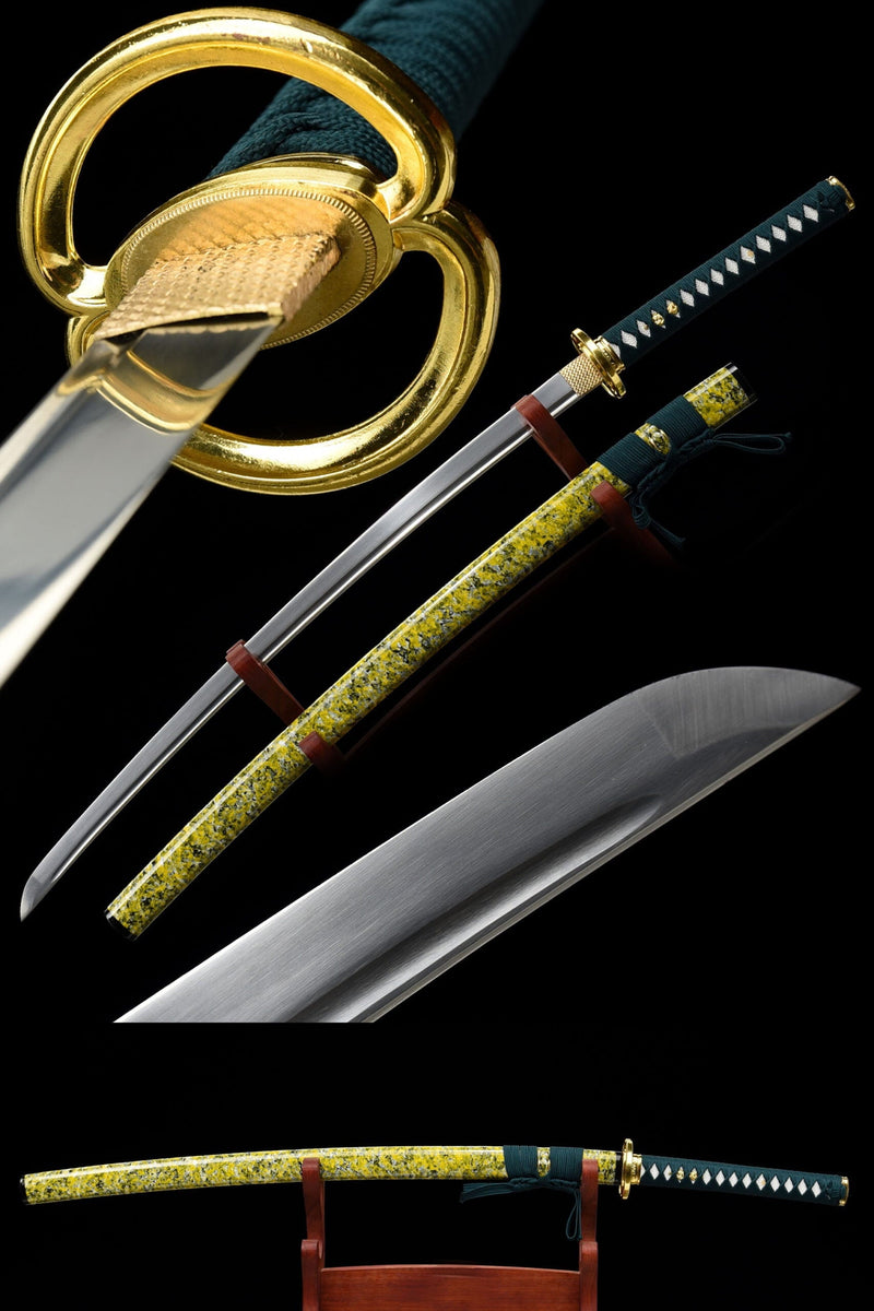 Handmade Japanese Katana Sword 1060 Carbon Steel With Musashi Tsuba Green Gold