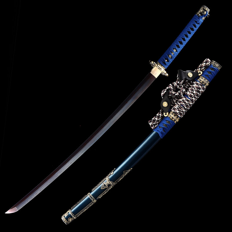 Japanese Tachi Odachi Sword With Damascus Steel With Blue Scabbard