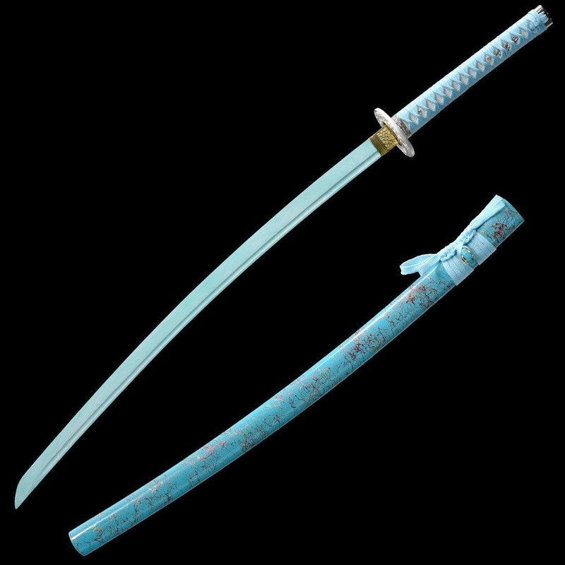 Handmade Japanese Katana Sword 1045 Carbon Steel With Teal Blade And Scabbard
