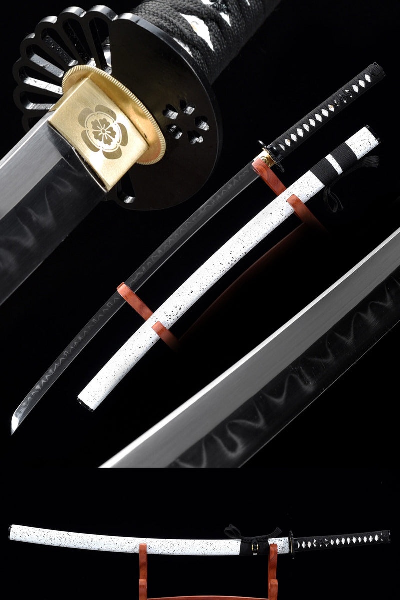 Handmade Japanese Sword T10 Carbon Steel Real Hamon Katana Hand Forged With White Scabbard