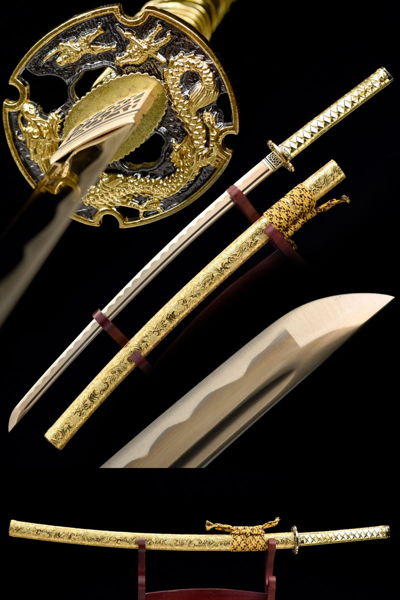 Handmade Japanese Samurai Katana Sword High Manganese Steel With Golden Blade And Scabbard