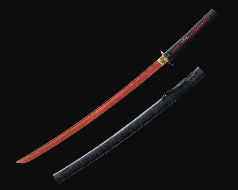 Handmade Red Wooden Katana – Practice Samurai Sword with Black Leather Scabbard