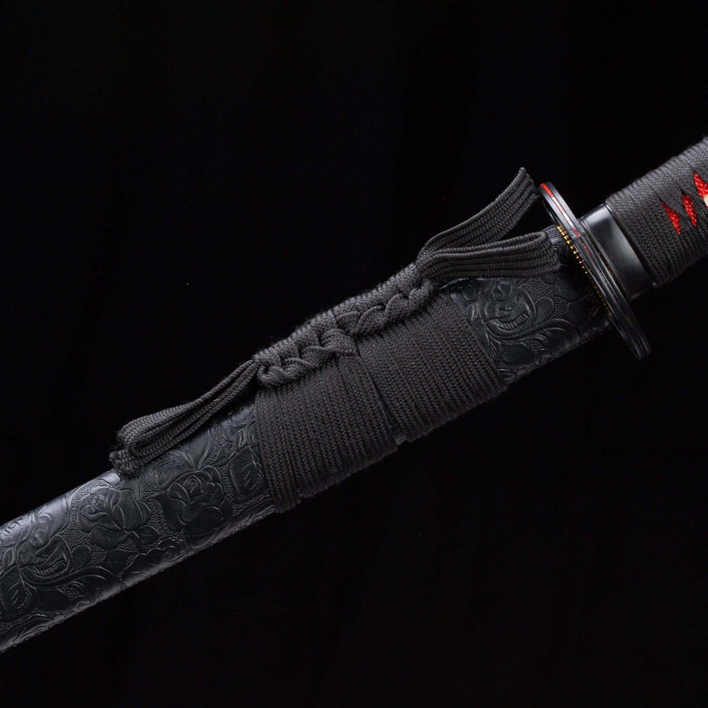 Handmade Red Wooden Katana – Practice Samurai Sword with Black Leather Scabbard
