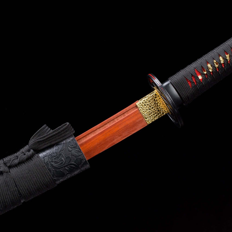 Handmade Red Wooden Katana – Practice Samurai Sword with Black Leather Scabbard