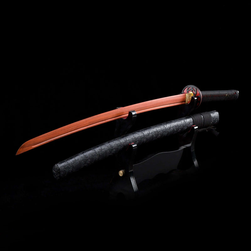 Handmade Red Wooden Katana – Practice Samurai Sword with Black Leather Scabbard