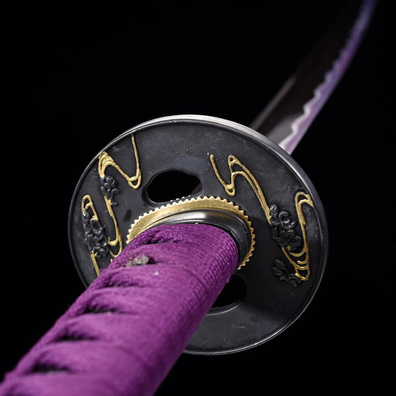 Handmade samurai katana sword with a stunning purple blade.