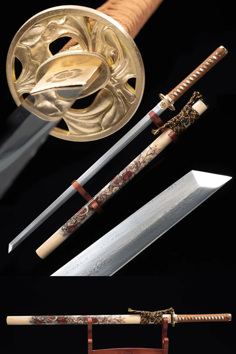 Handmade Chokuto Ninjato Straight Sword Folded Damascus Steel Blade Flower